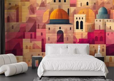 Ancient city walls at sunset Jerusalem old city, seamless repeat pattern - fantasy colorful cubism, abstract art, trippy psychedelic [Generative AI]
 Wall mural